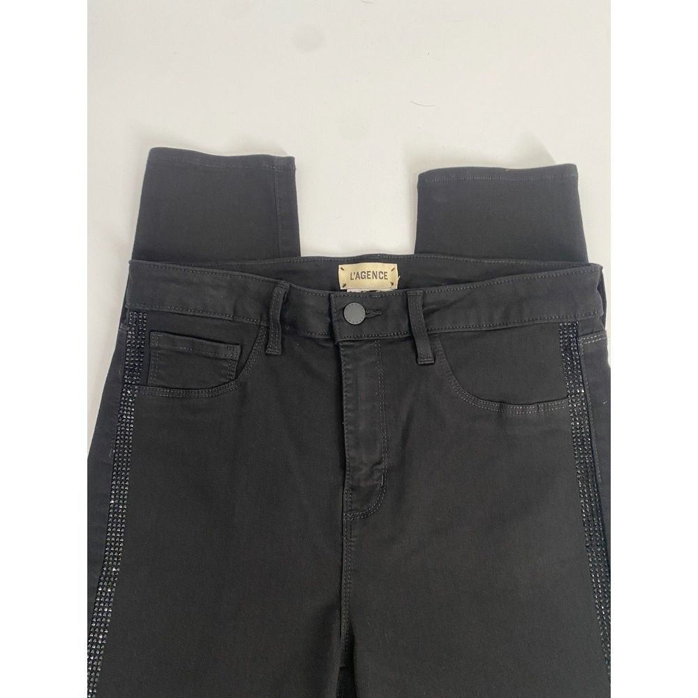 L’AGENCE Margot Crystal Tux Stripe Skinny Jeans in Noir Sz 30 - Picture 6 of 8
